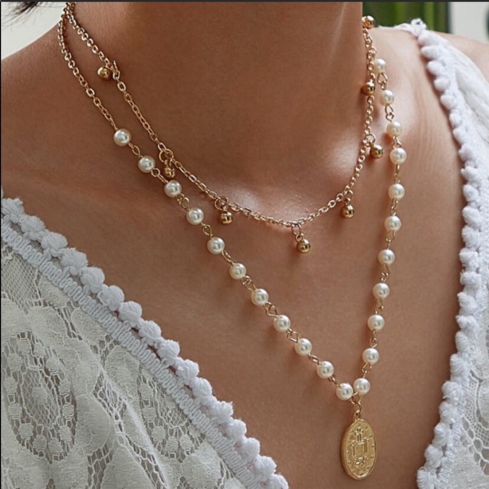 Gold Layered Pearl Oval Religious Medal Necklace